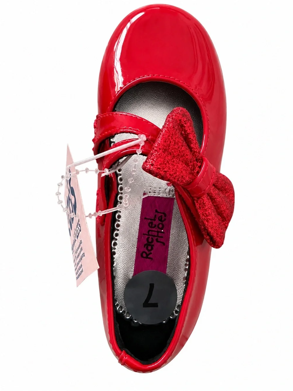 Rachel Shoes Red Patent Mary Janes with Glitter Bow Accent